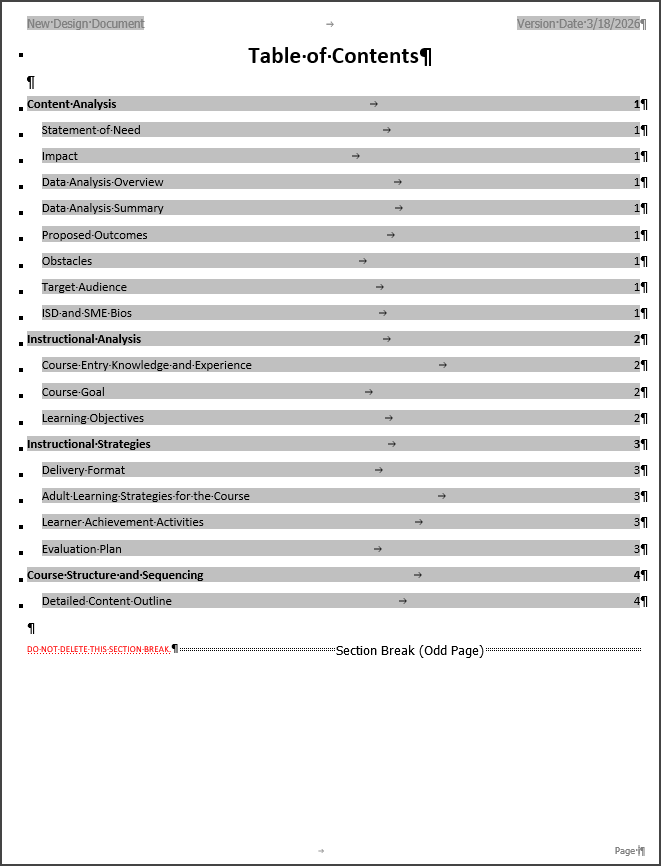 Table of Contents page - new Learning Design document
