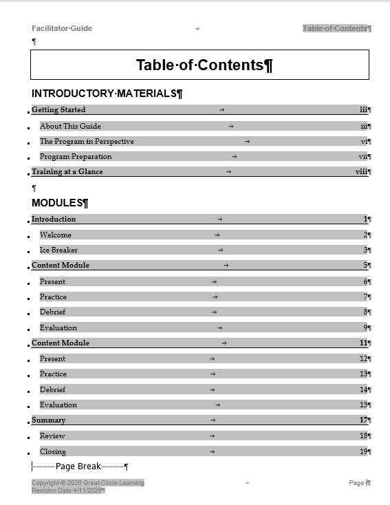 Table of Contents example