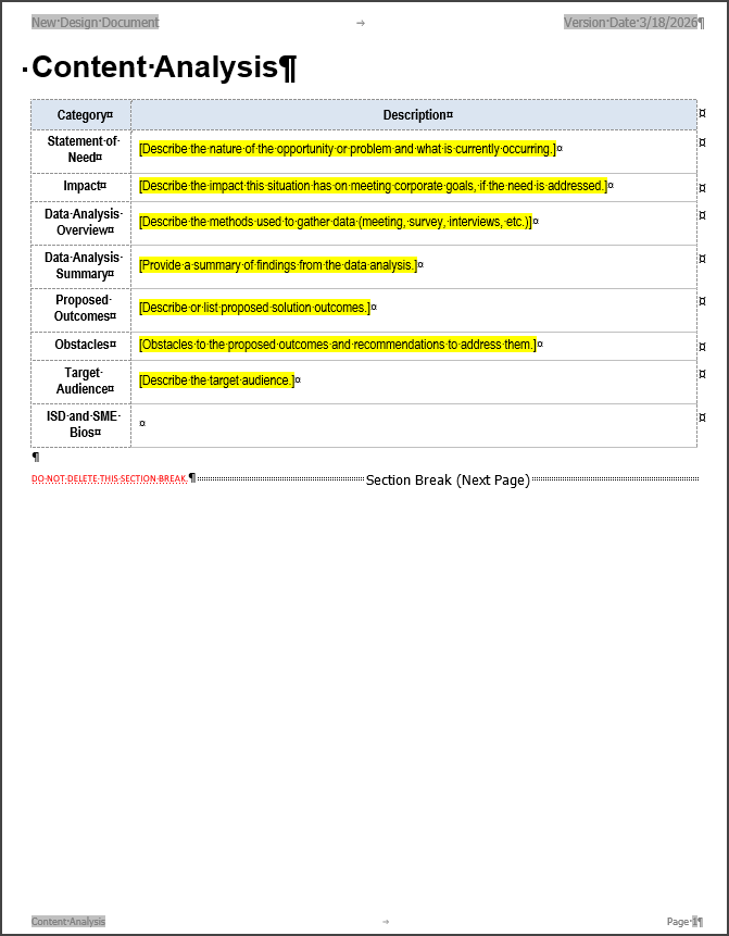 Content Analysis page - new Learning Design document