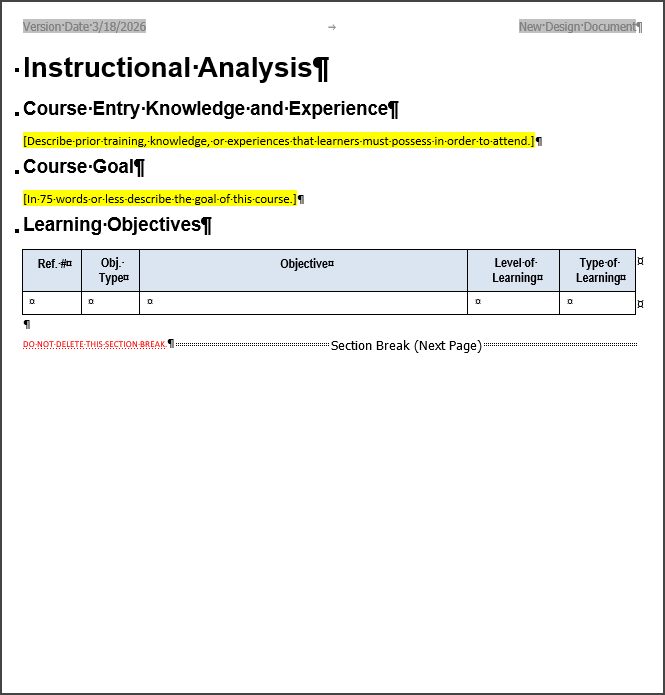 Instructional Analysis page - new Learning Design document