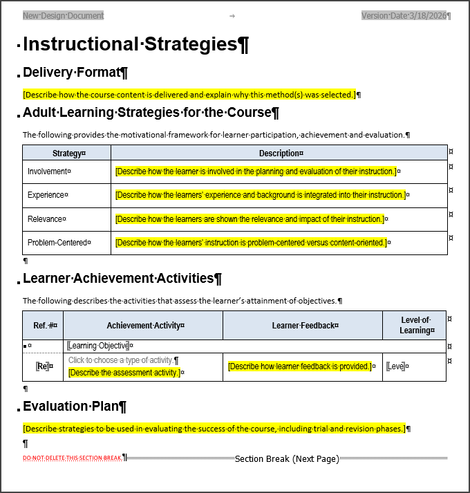 Instructional Strategies page - new Learning Design document