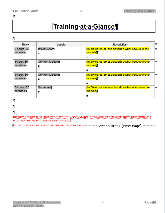 Training at a Glance