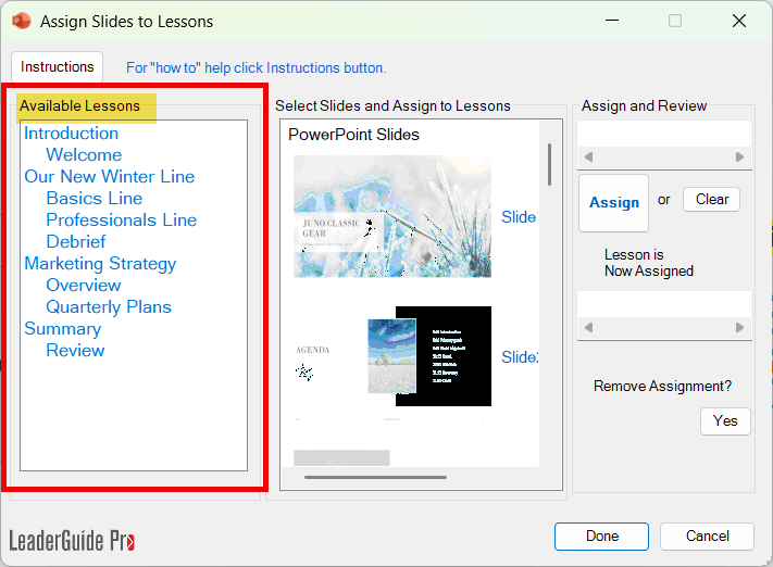 Assign Slides-Available Lessons