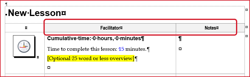 Column Heading example on Lesson page