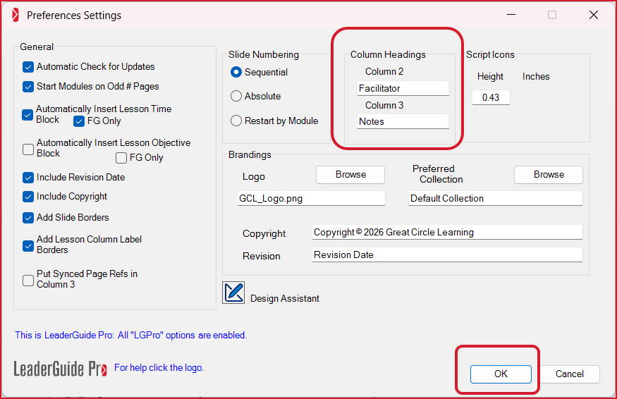 Edit Column Headings in Preferences