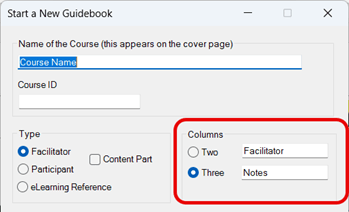 Column Settings in Start New Guidebook Wizard