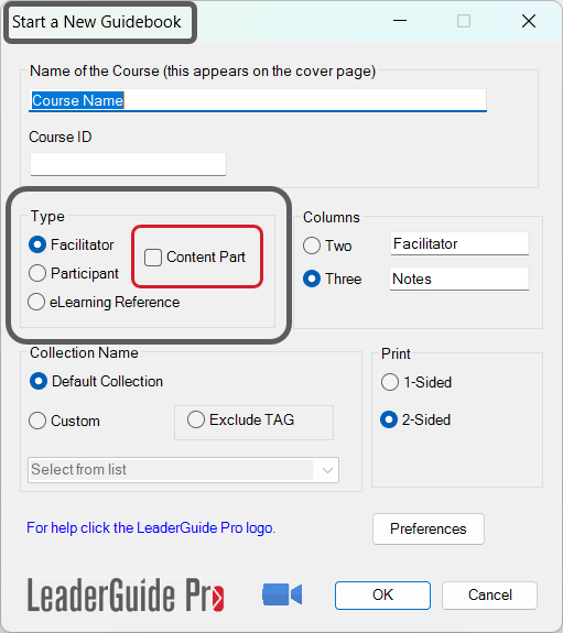 Content Part option on Start New Guidebook wizard