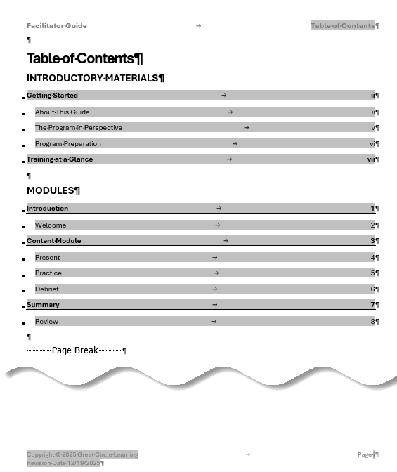 Table of Contents - New Facilitator Guide