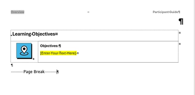 Learning Objectives page with content block