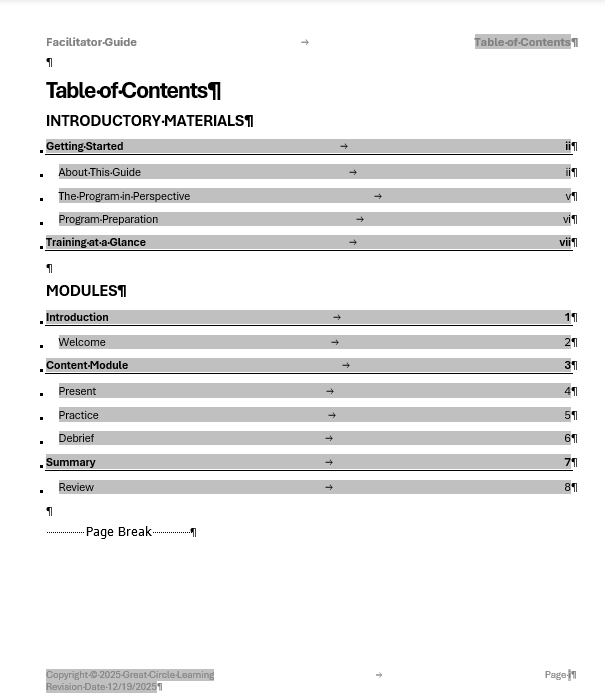 New Facilitator Guide Table of Contents
