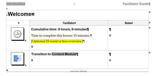 Example of a New Lesson Page in a Facilitator Guide