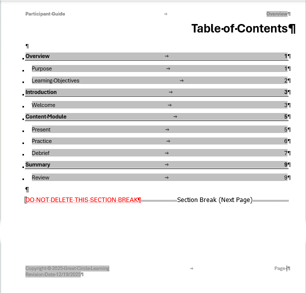 New Participant Guide Table of Contents
