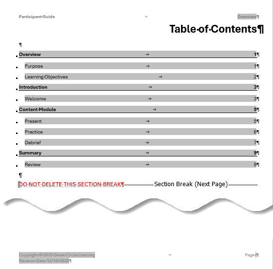 Table of Contents - Participant Guide