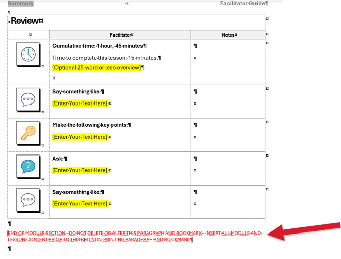 The last page of a facilitator guide