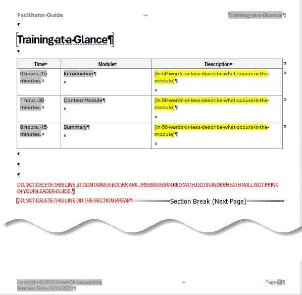 Training at a Glance