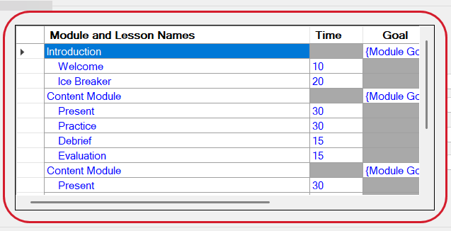 Module and Lesson Names section