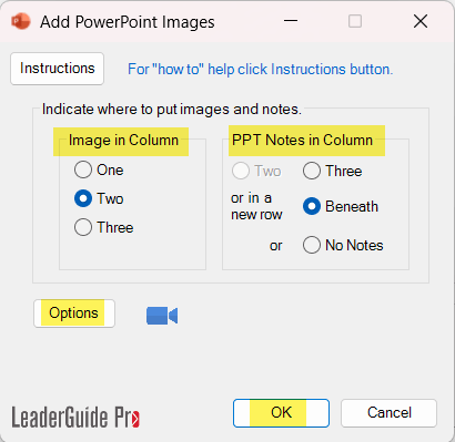 Select where to place slide images and notes