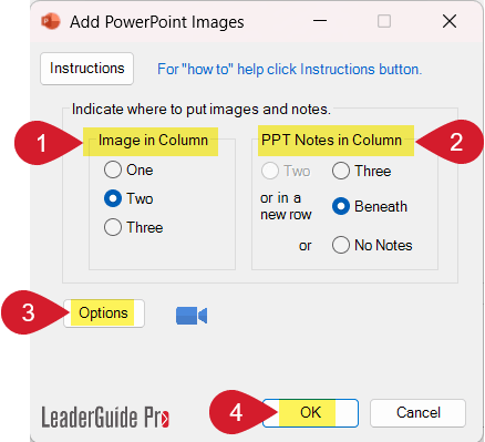 Select placement of PowerPoint slide images and notes