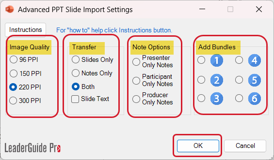 Options dialog box for importing slides and notes