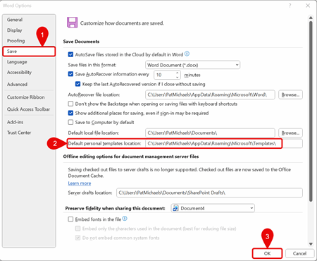 Word Options Dialog Box - Template Location