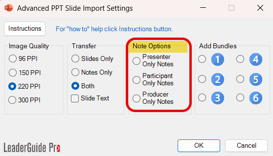 Note Options-Import Slides Options