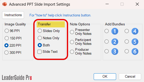 Transfer-Import Slides Options