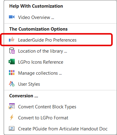 Parts button drop-down menu