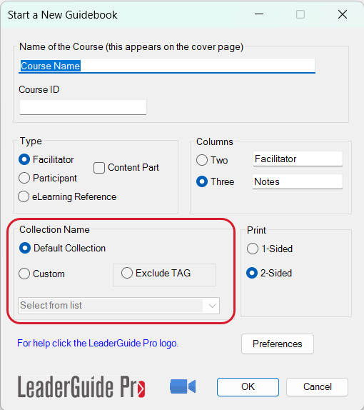 Start a New Guidebook dialog box
