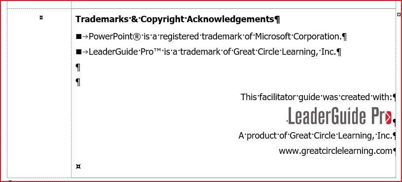 Trademarks-Copyright Acknowledgements Block on Acknowledgements page