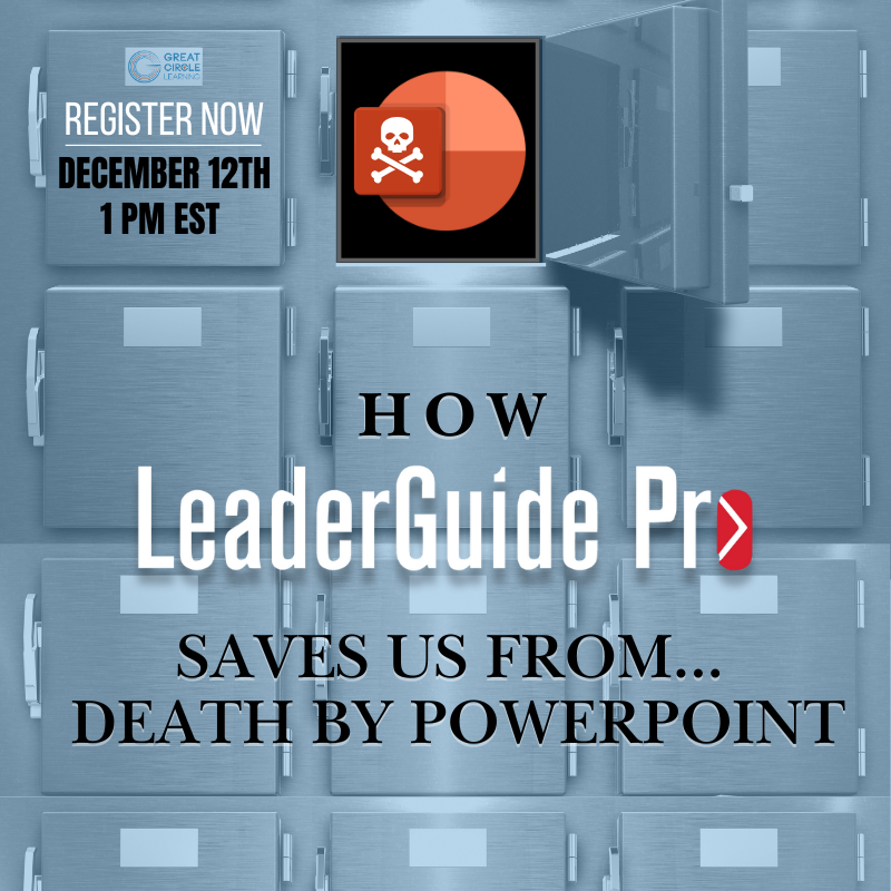 Image of a morgue with the PowerPoint logo in one of the cubes. A statement saying How LeaderGuide Pro saves us from death by PowerPoint